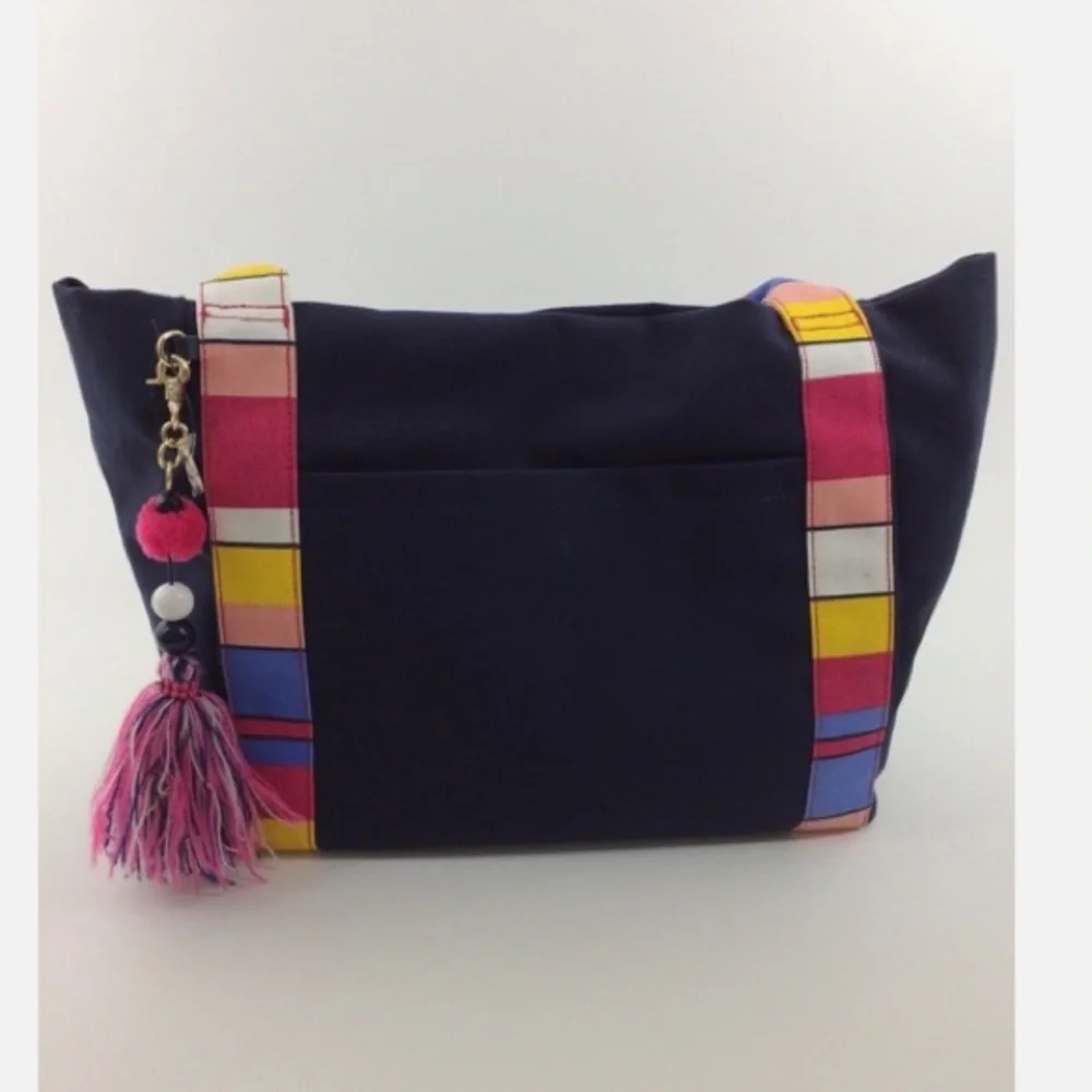 Tommy Hilfiger Adelina XL navy blue canvas tote multicolor stripe tassel NWOT
